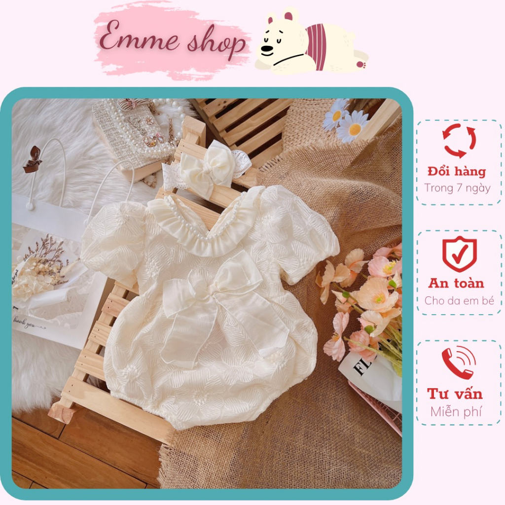 Bodysuit kem sam cổ tam giác cho bé gái, TẶNG kèm turban cho bé thôi nôi, đầy tháng