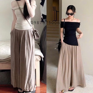 Set áo nude trễ vai + quần suông xếp ly