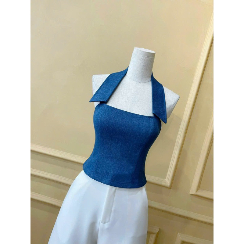 Áo Yếm Jean Denim Cổ Sơ Mi Siêu Sang Hàng Cao Cấp