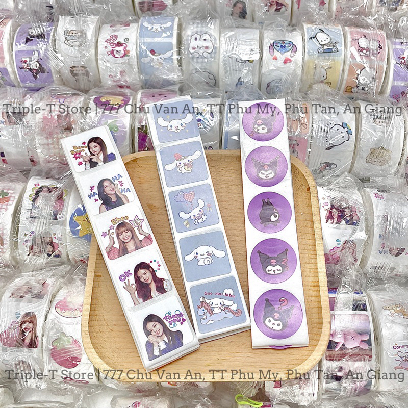 Cuộn 500 sticker BlackPink Sanrio Gấu dâu Cinnamoroll Kuromi Melody Shin Pochacco xinh xắn cuộc tem thank you