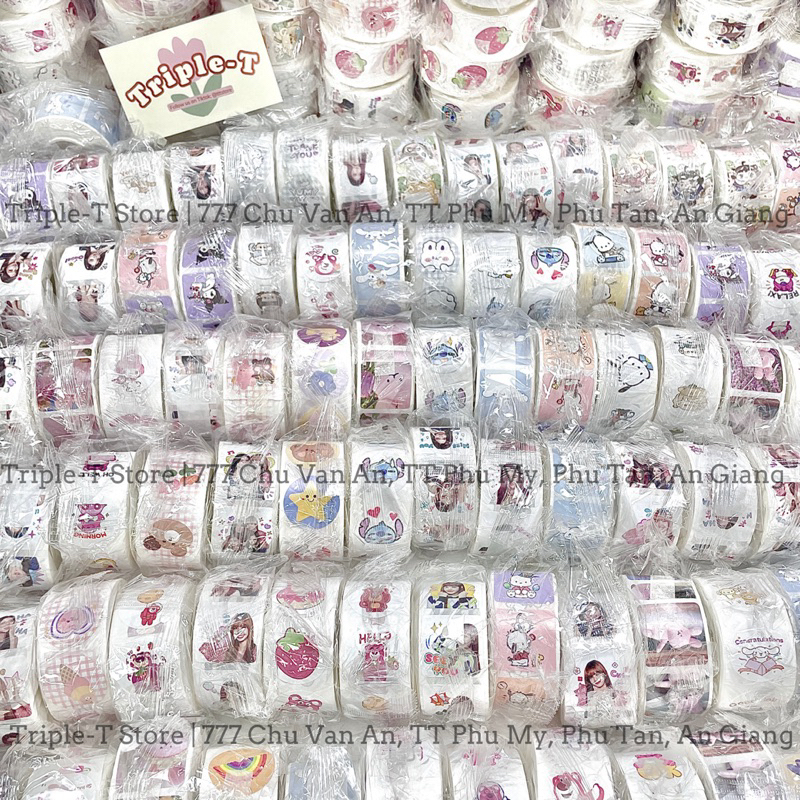 Cuộn 500 sticker BlackPink Sanrio Gấu dâu Cinnamoroll Kuromi Melody Shin Pochacco xinh xắn cuộc tem thank you