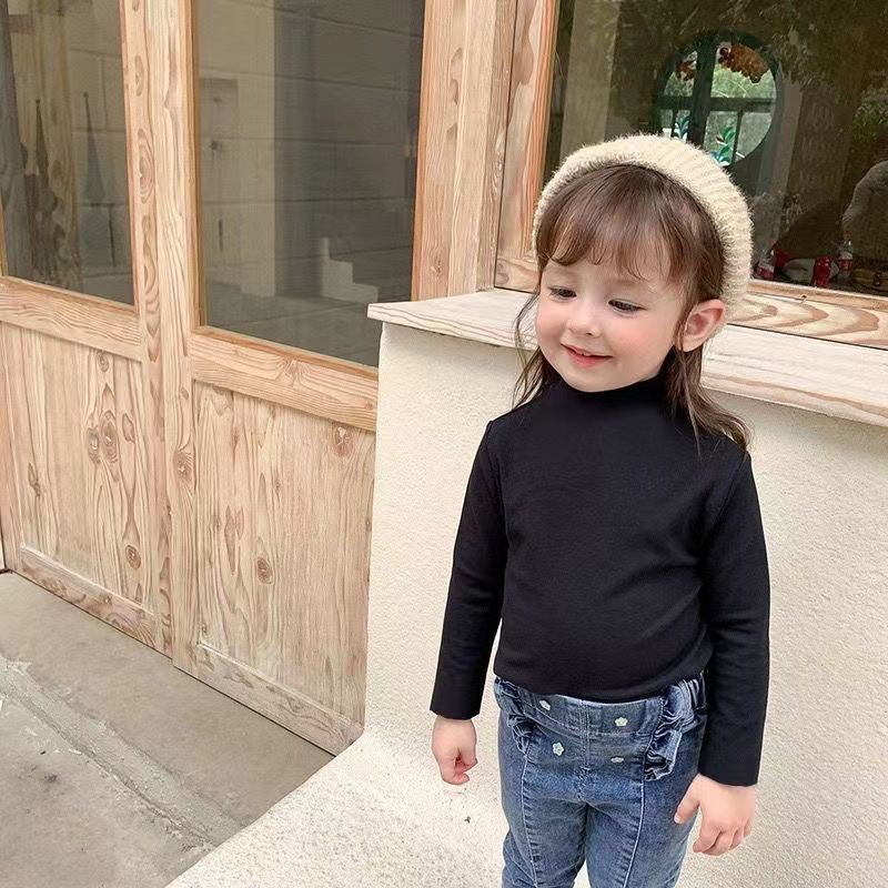 Áo dài tay thun gân màu trơn cổ viền bèo cho bé gái