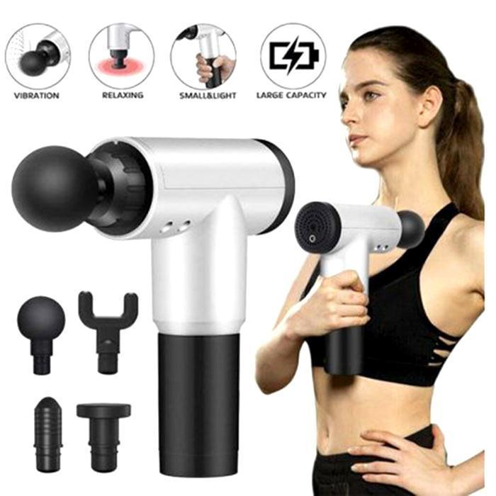 Máy massage cầm tay  6 chế độ, 4 đầu giảm cứng cơ và đau nhức, tăng lưu thông máu, SUng mát xa cầm tay không dây,dùng 5H