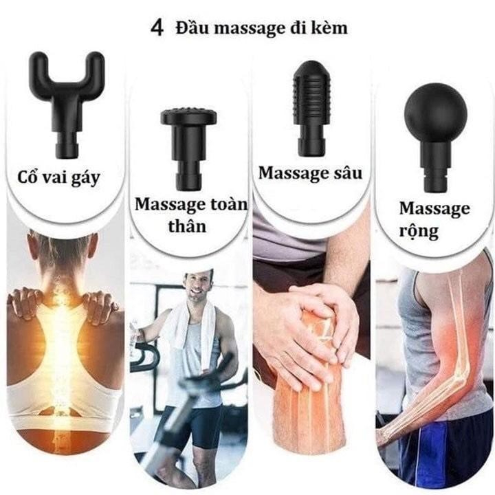 Máy massage cầm tay  6 chế độ, 4 đầu giảm cứng cơ và đau nhức, tăng lưu thông máu, SUng mát xa cầm tay không dây,dùng 5H