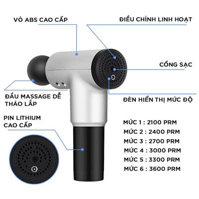 Máy massage cầm tay  6 chế độ, 4 đầu giảm cứng cơ và đau nhức, tăng lưu thông máu, SUng mát xa cầm tay không dây,dùng 5H