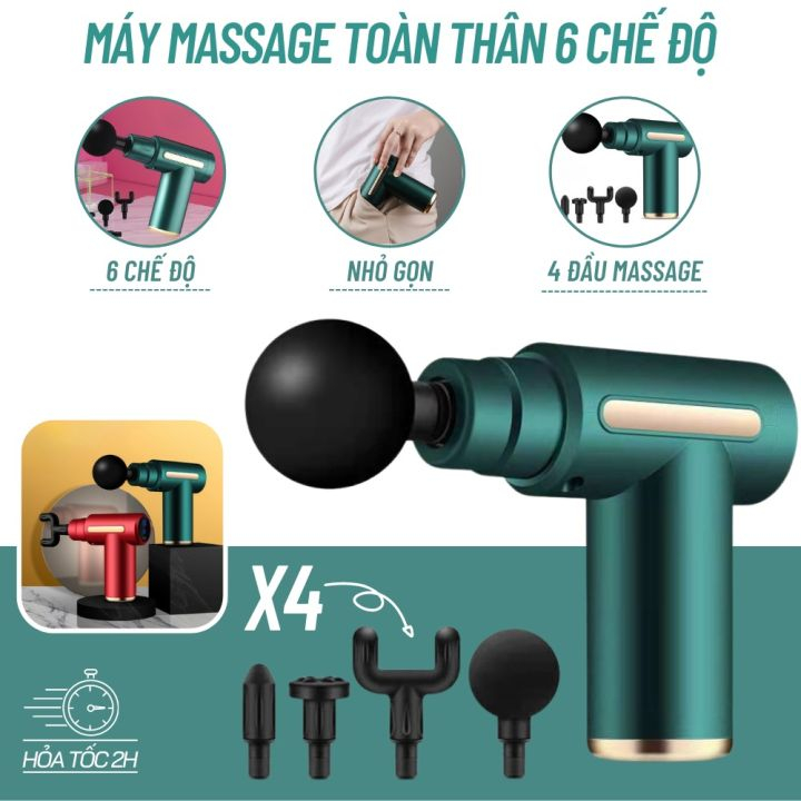 Máy massage cầm tay  6 chế độ, 4 đầu giảm cứng cơ và đau nhức, tăng lưu thông máu, SUng mát xa cầm tay không dây,dùng 5H