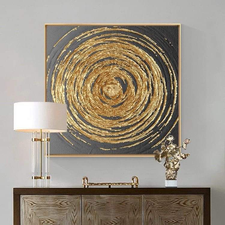 Tranh canvas treo tường vòng tròn trừu tượng ánh kim 70 x 70 cm
