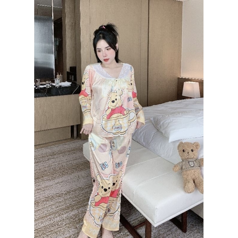 Bộ pijama lụa xước thiết kế  tiểu thư ren cổ