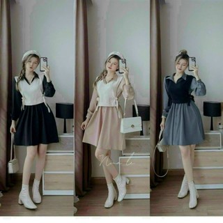 Đầm váy thời trang nữ mặc đi chơi cổ sơ mi dài tay vải cotton lạnh phối áo ngoài thun gân mẫu mới