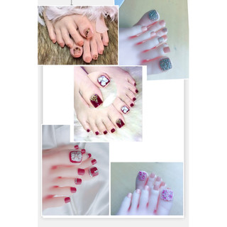 Sét 24 móng chân giả đính đá hoa thiết kế màu đỏ nails box thiết kế trẻ trung kèm keo và dũa