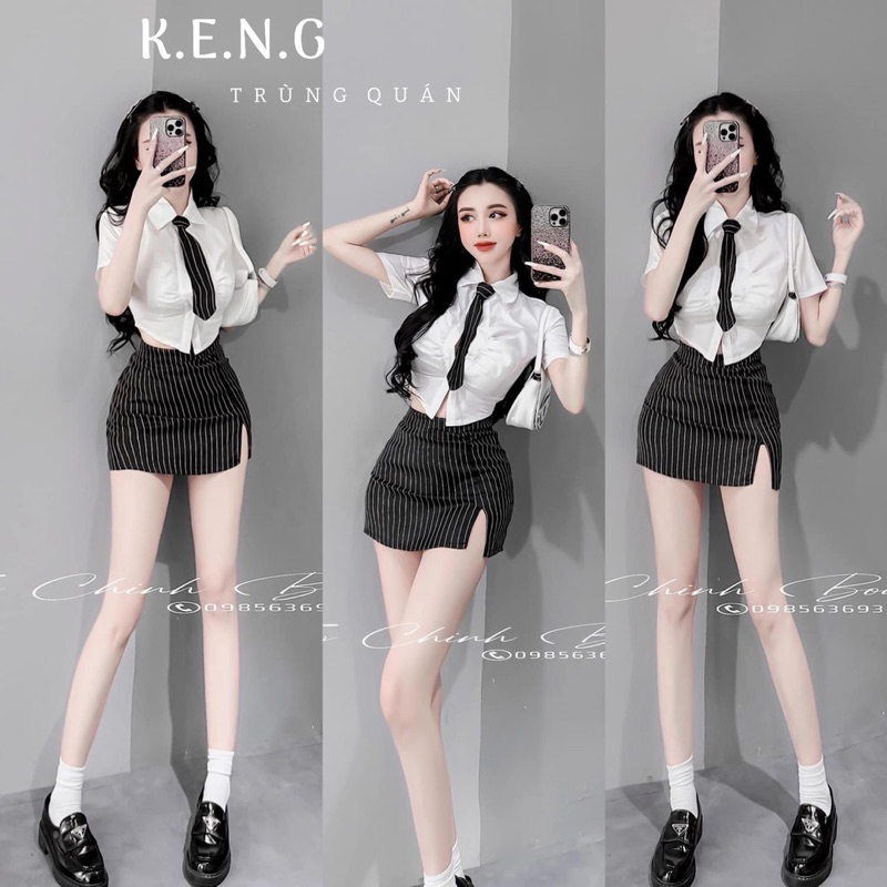 Set học sinh áo cơ mi chân váy sẻ hoạ tiết kẻ kèm cà vạt