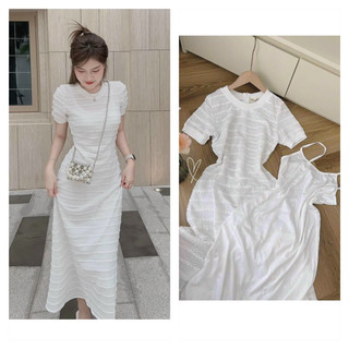 Váy Đầm Body Cổ Tròn có lớp lót bên trong dáng dài, váy đi biển tôn dáng Chất len ren lót cottton trẻ trung năng động