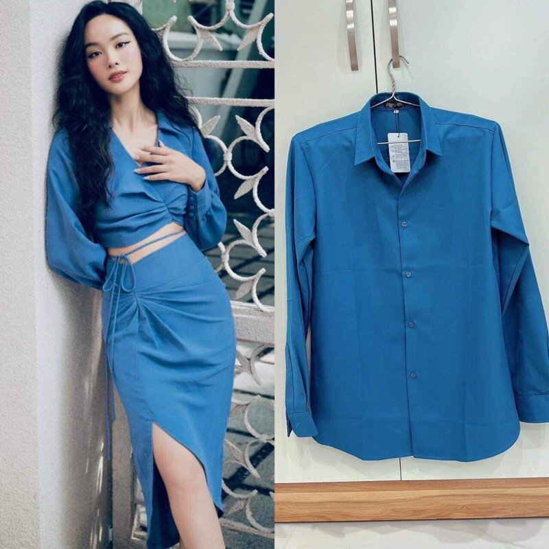 Set đôi xanh blue: Áo nữ + chân váy nữ + Áo somi nam