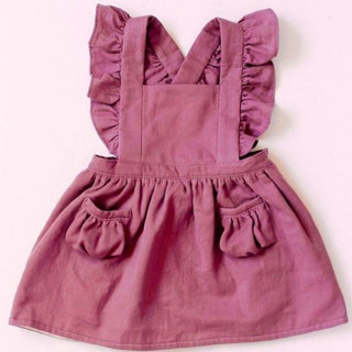 Váy linen bèo vai cổ vuông túi trước babydoll cho bé gái Lamm