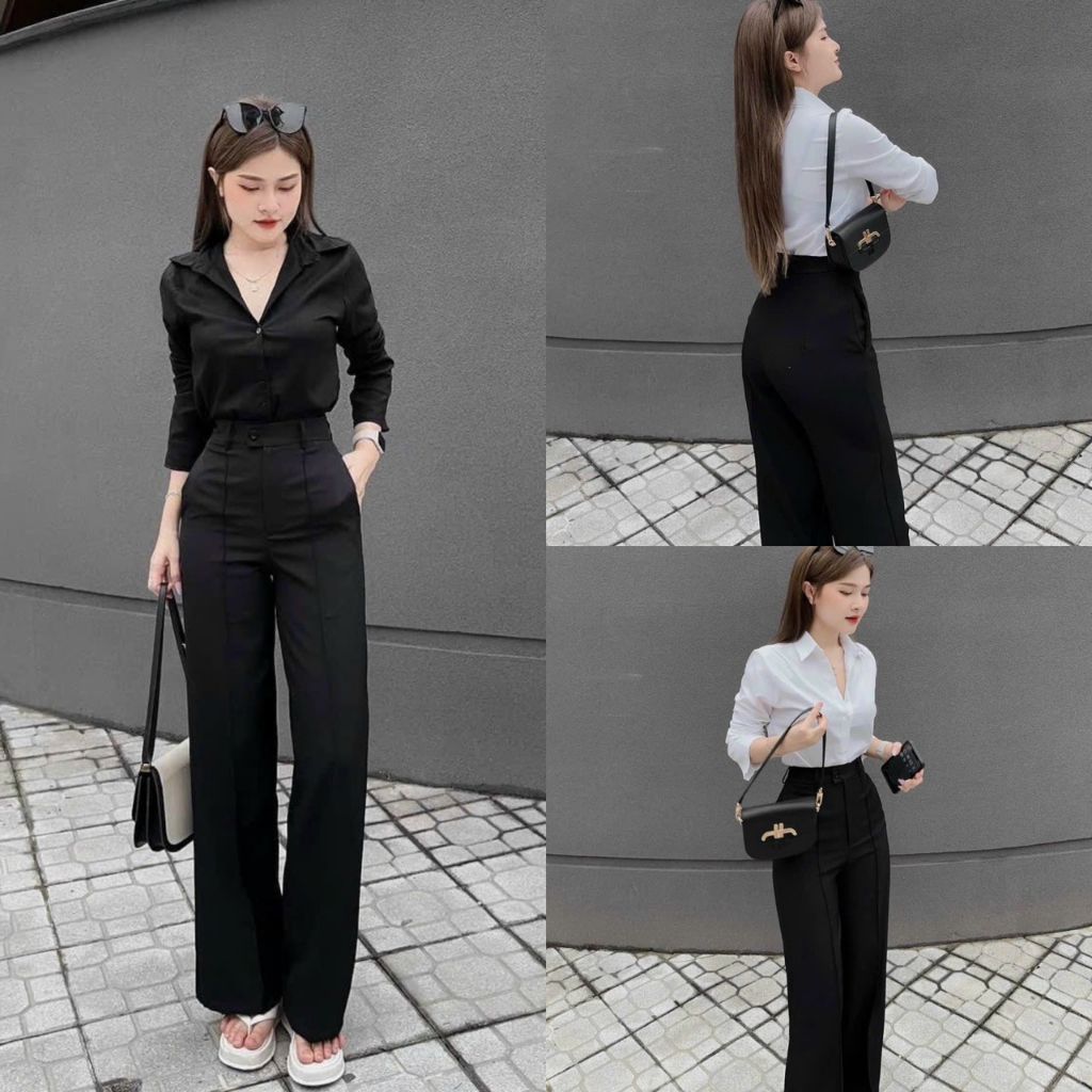 Set áo sơ mi trắng,đen kèm quần tây công sở dáng suông chất vải lụa mềm mịn,quần tây dày dặn thời trang nữ MOON