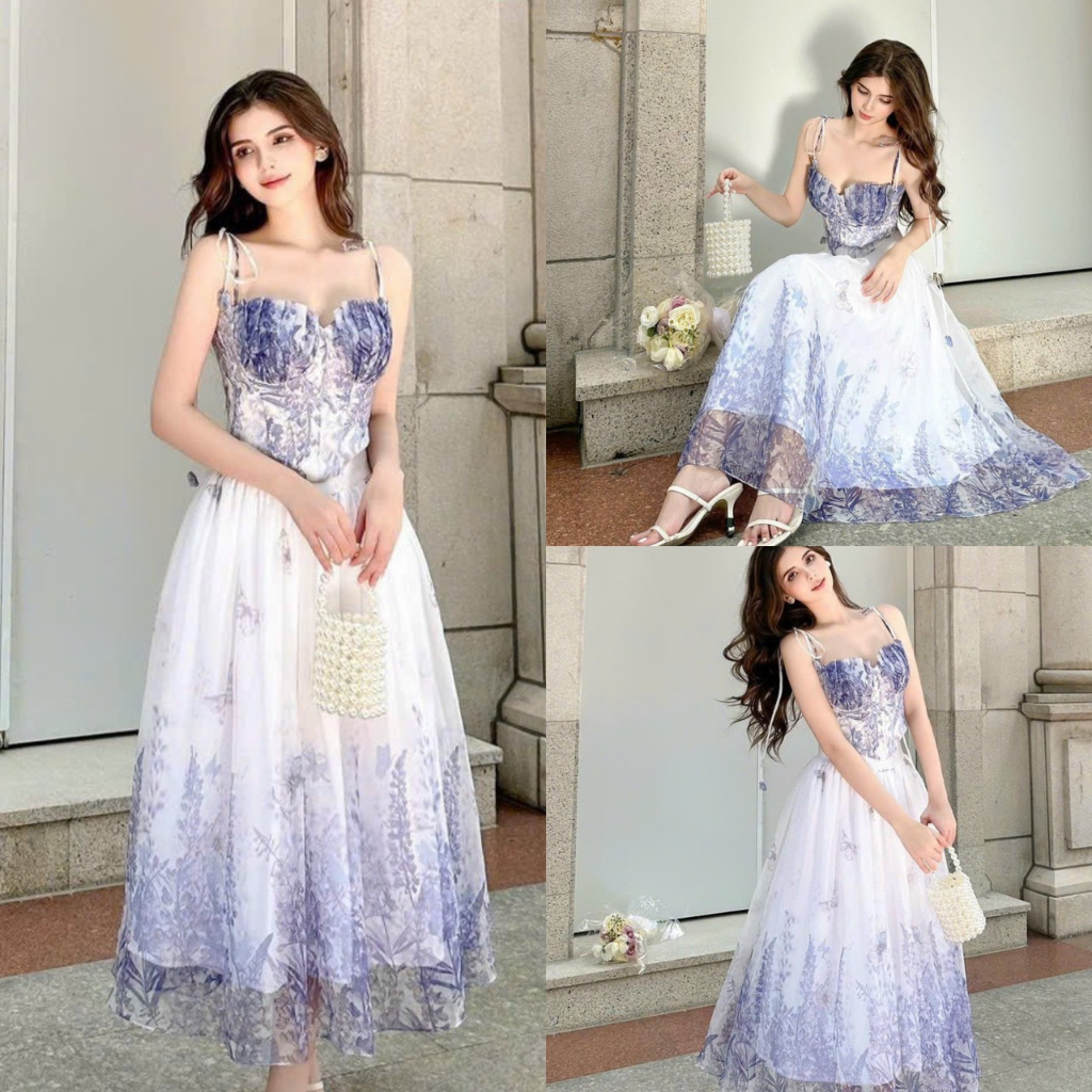 Set bộ đồ nữ mix chân váy maxi (có lót) áo 2 dây dáng xòe smoking thân sau kiểu mới cực xinh dành cho nàng đi biển