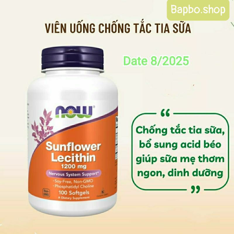 Viên uống chống tắc tia sữa Now Sunflower Lecithin 1200mg