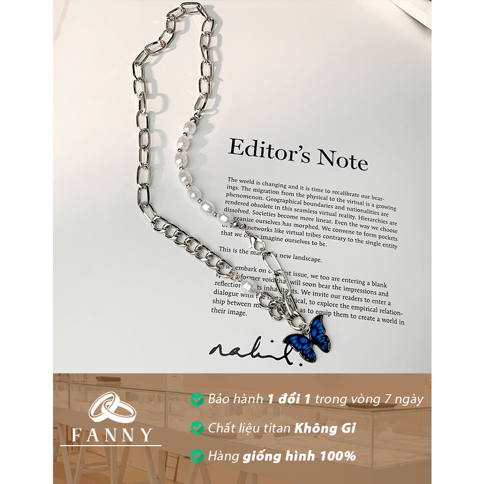 Dây chuyền nữ FANNY blue butterfly con bướm xanh, vòng cổ ngọc trai nhân tạo thời trang phong cách hàn quốc cổ điển