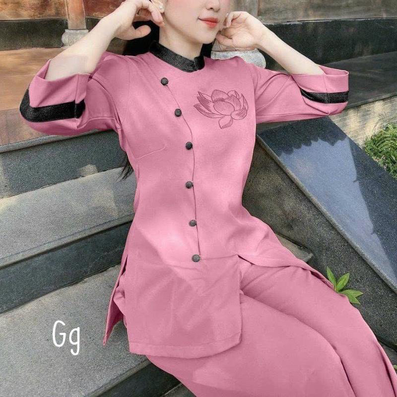 SET LAM TAY LỠ THÊU HOA SEN ĐÍNH NÚT PHỐI QUẦN SUÔNG