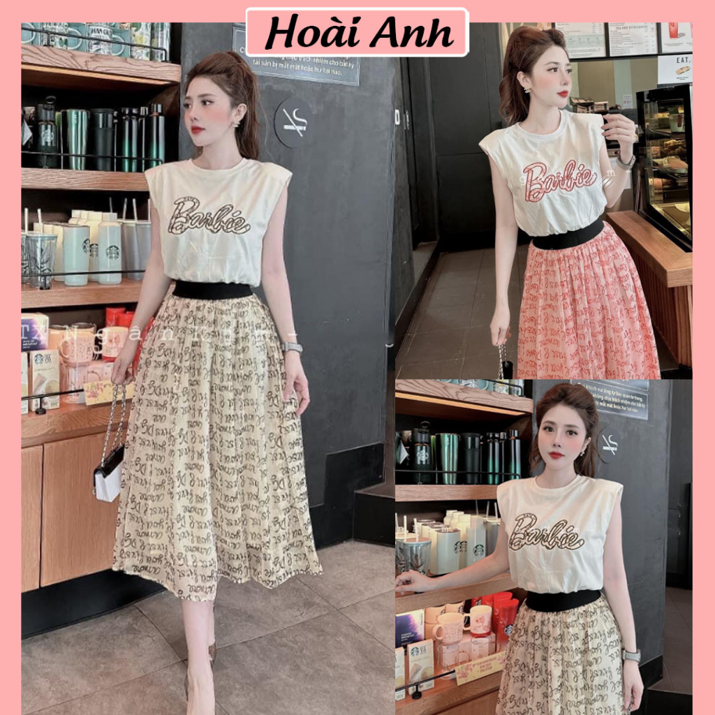 Set Bộ Đồ Nữ Áo Barbie Tay Hến Đệm Vai Mix Chân Váy Đũi Lụa Dáng Dài Freesize