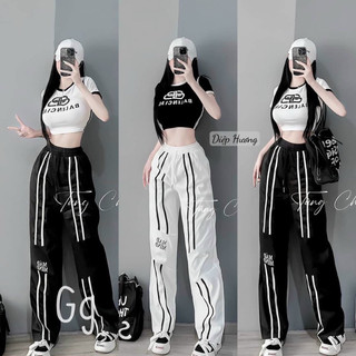 Set áo croptop balen phối quần dài ống suông chạy sọc