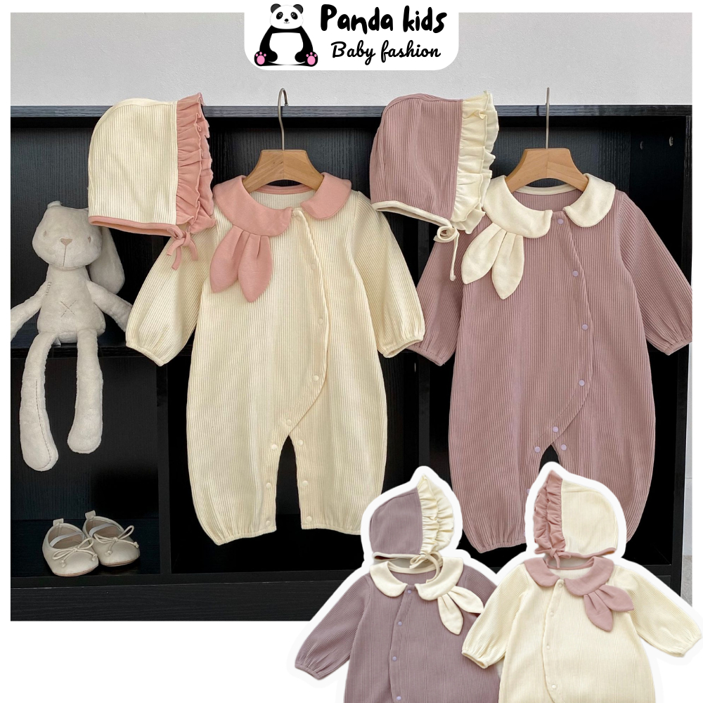 Bodysuit tiểu thư dài tay đầy tháng cho bé , Body sơ sinh thu đông cổ tai thỏ kèm mũ chấ tăm lạnh mềm mịn thấm hút tốt
