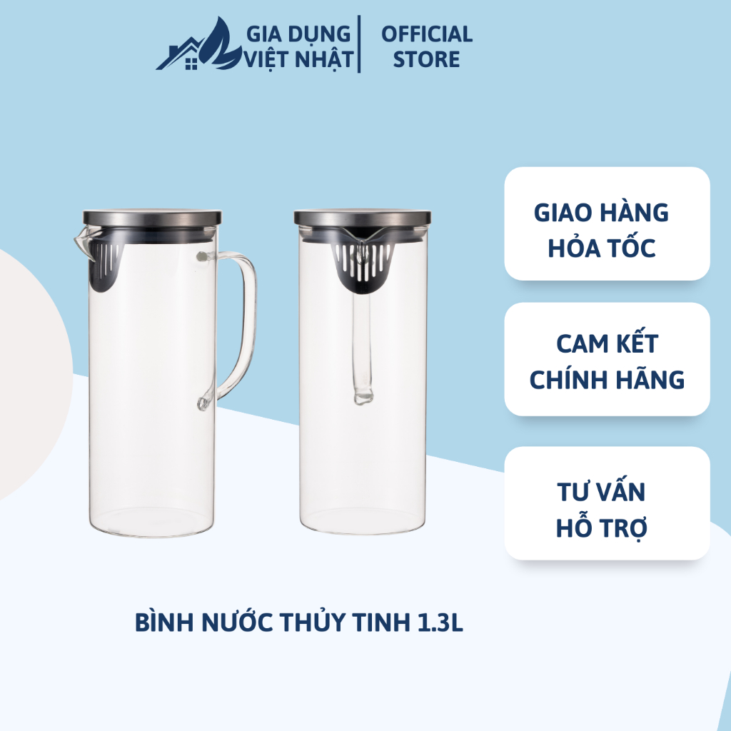 Bình nước thuỷ tinh inochi Nikko dung tích 1.3L, bình nước văn phòng, bình nước gia đình, đựng được nước sôi 100 độ C