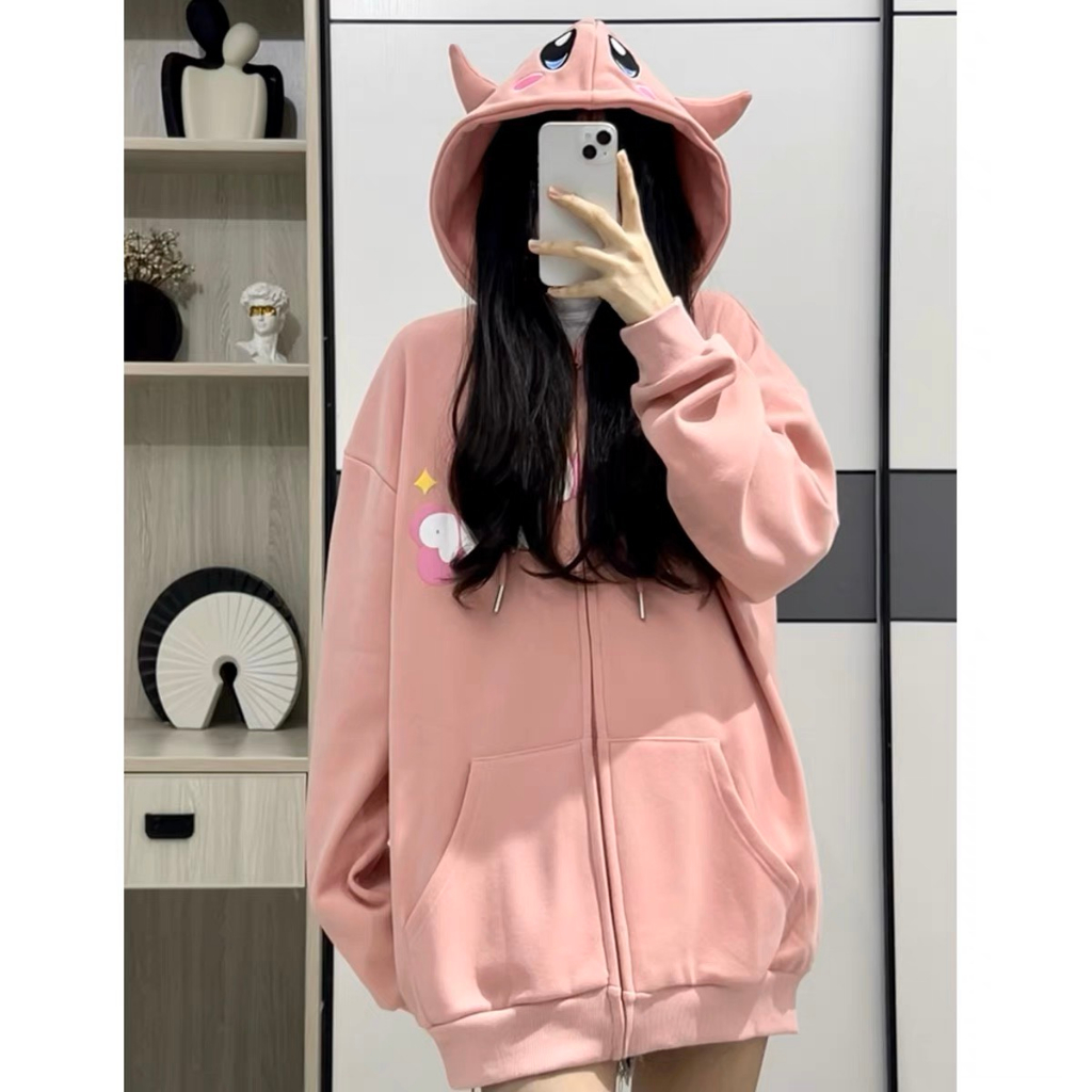 Áo khoác hoodie phối mũ khủng long xinh 2 màu dáng rộng unisex chất liệu nỉ mềm mịn co dãn nhẹ