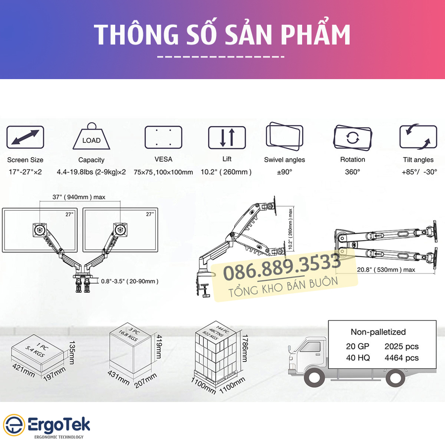 NB F160 / Giá Treo 2 Màn Hình 17 - 27 Inch - Giá Treo Hai Màn Hình F160 Xoay 360 Độ