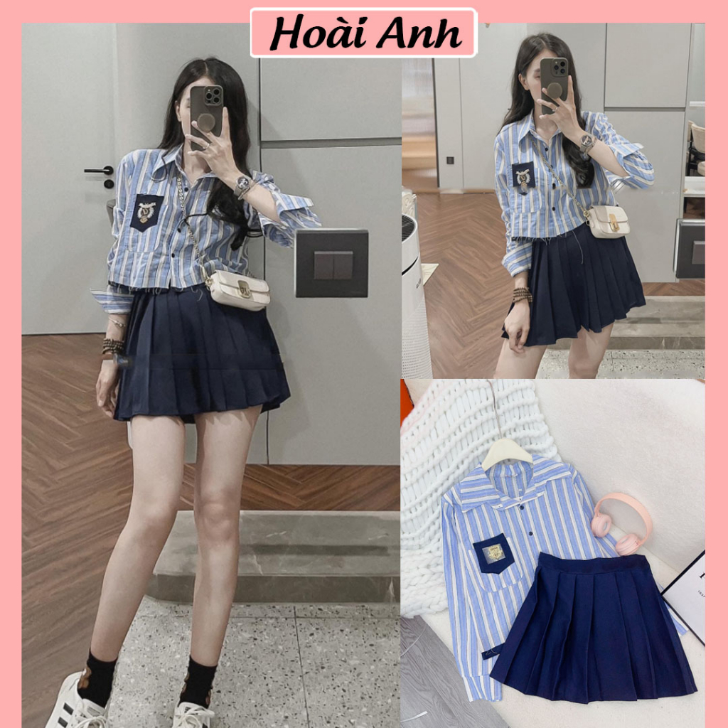 Set Bộ Đồ Nữ Áo Sơ Mi Kẻ Sọc Xanh Dương Logo Paris Dài Tay Mix Chân Váy Xòe Xếp Ly Có Quần Trong Freesize