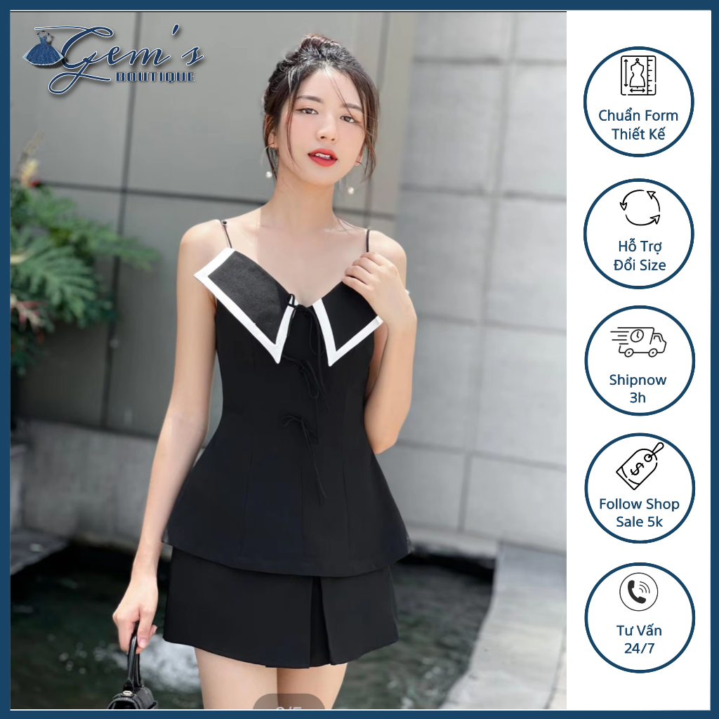 SET ÁO 2 DÂY CỔ SEN VUÔNG VIỀN TRẮNG / CHÂN VÁY DÁNG A XẾP LY GIỮA