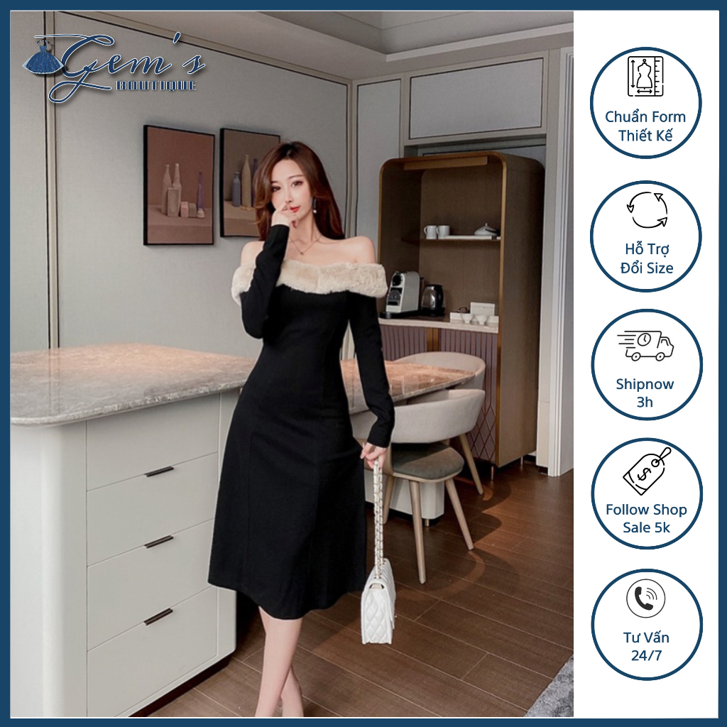 VÁY ĐẦM DÀI TAY TRỄ VAI  PHỐI LÔNG ẤM MỊN SANG CHẢNH