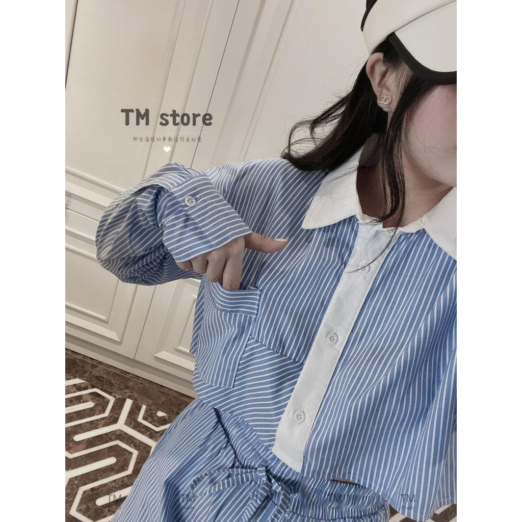 Sét kẻ xanh áo sơ mi cổ bẻ croptop dài tay + quần sooc cạp chun