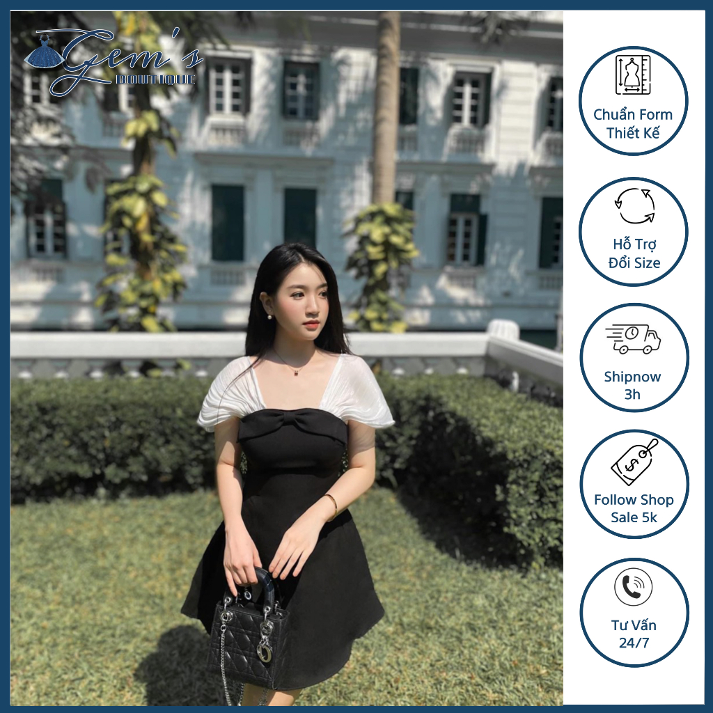 VÁY ĐẦM CỔ NƠ TAY PHỐI TƠ CÓ THỂ MẶC TRỄ VAI ĐI TIỆC