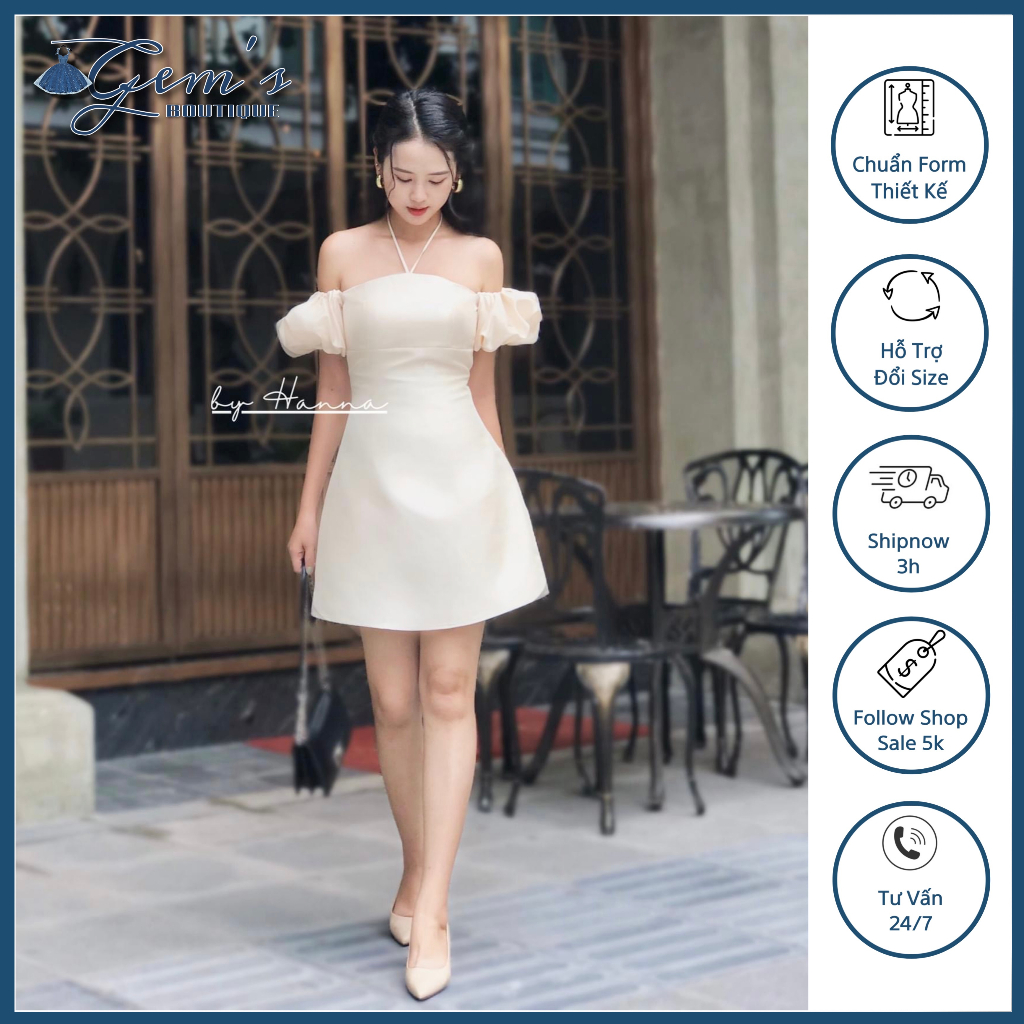 VÁY ĐẦM CỔ YẾM TRỄ VAI TAY PHỒNG ( sẵn đệm ngực )
