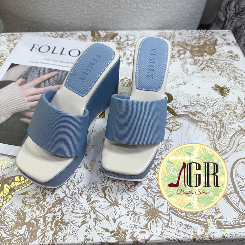 Dép xuồng bản vải jean gót vuông cao 9 cm