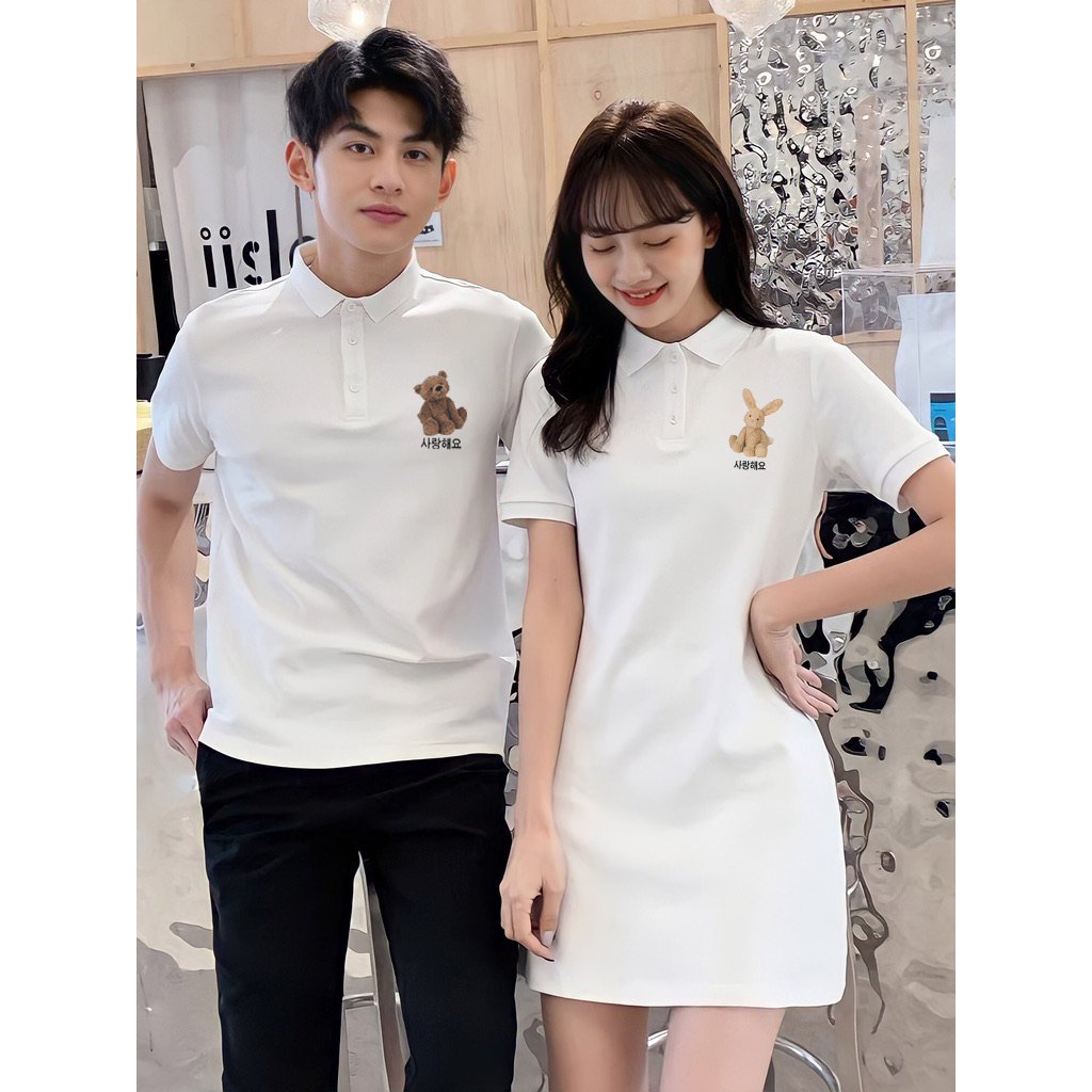 Set áo váy đôi cổ đức cặp đôi Gấu Thỏ, chất thun lacoste dày dặn