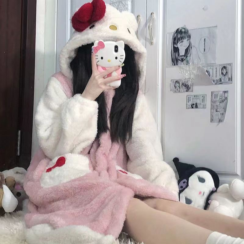 Váy ngủ bông hoạt hình mèo Hello Kitty hồng phối trắng dễ thương mũ đi ha mơ đỏ phong cách năng động ấm áp