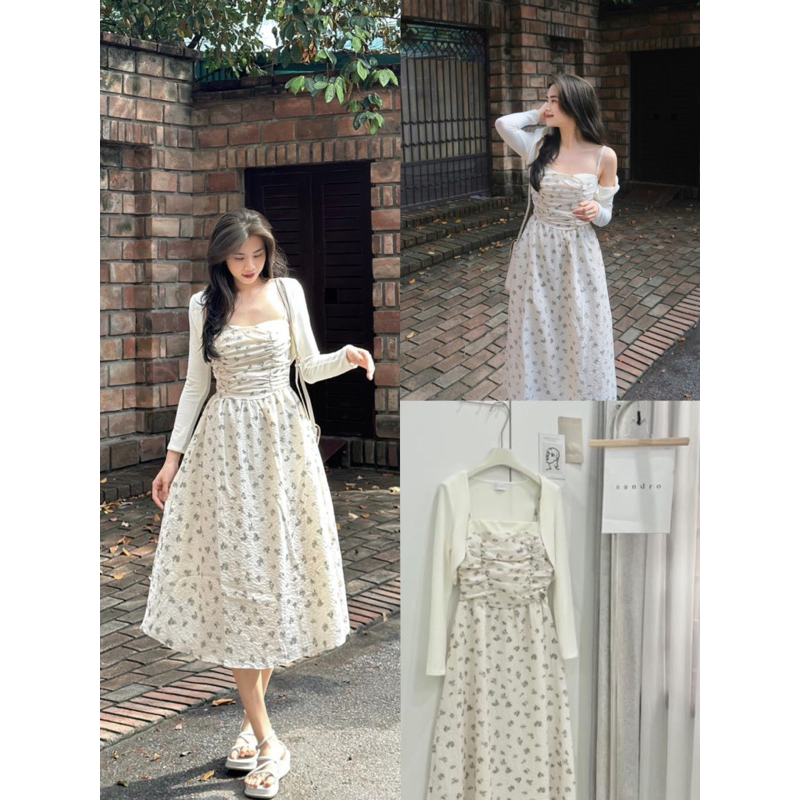 SET VÁY 2S HOA NHÍ XANH NỀN BE”camila” MIX CADIGAN LỬNG tiều thư