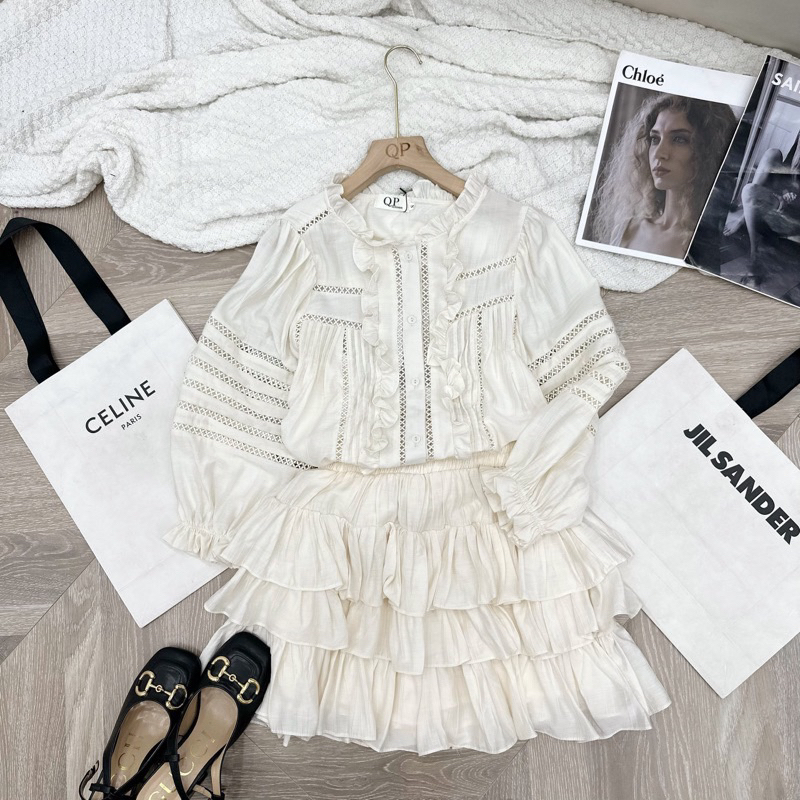 Set áo sơ mi bèo phối chân váy 3 tầng