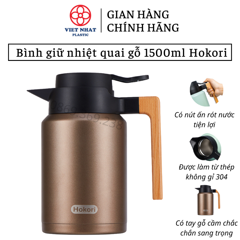Bình giữ nhiệt quai gỗ 1,5L Hokori 0115, Bình trà inox giữ nhiệt - Việt Nhật Plastic HN