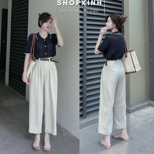 Set Áo Thun Cổ Polo Mix Quần Suông Kèm Đai Shopxinh88888 - Set Công Sở Tôn Dáng