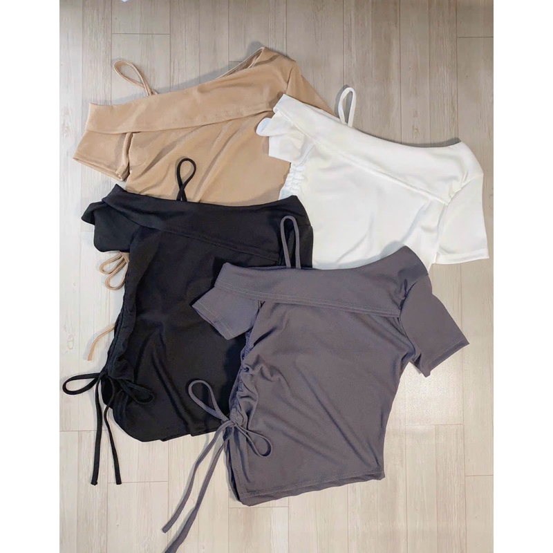 Áo dây rớt vai rút dây hông áo kiểu xinh xắn chất cotton zip