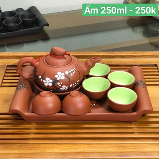 Bộ ấm chén uống trà, bộ ấm chén bát tràng cao cấp tử sa quả đào đỏ vẽ hoa