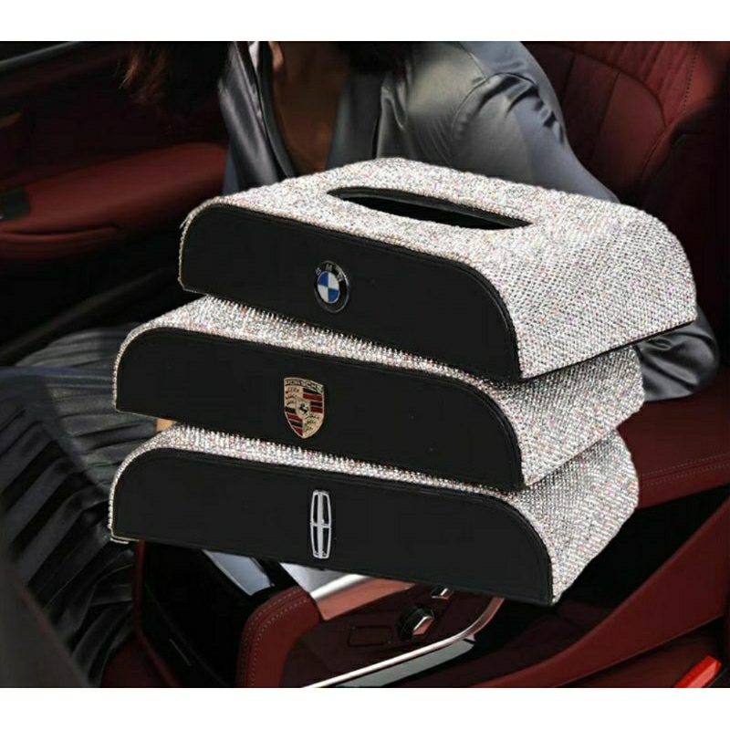 Hộp đựng giấy trên ô tô Đính Full Đá Logo Hãng Theo Xe cao cấp trang trí xe hơi sang trọng