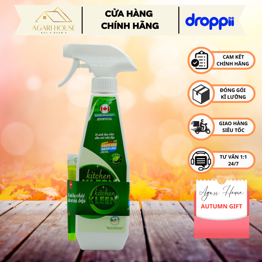 Bộ vi sinh lau chùi dầu mỡ KITCHEN KLEEN organic siêu sạch tiêu chuẩn Canada gồm chai xịt 500ml và ống vi sinh 5ml