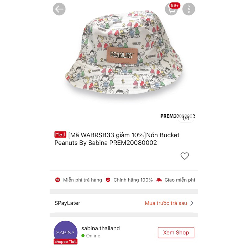 Mũ bucket Sabina x Peanuts, có quai cột