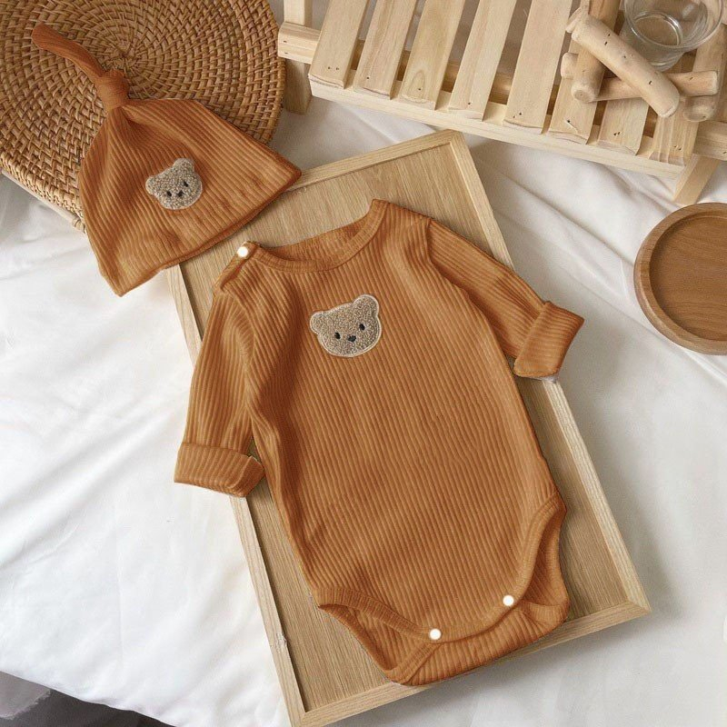 Bodysuit dài tay DAKIMI cho bé Đính Gấu, body dài tay cho bé gái bé trai chất Tăm gân mẫu quần áo sơ sinh 0-12M
