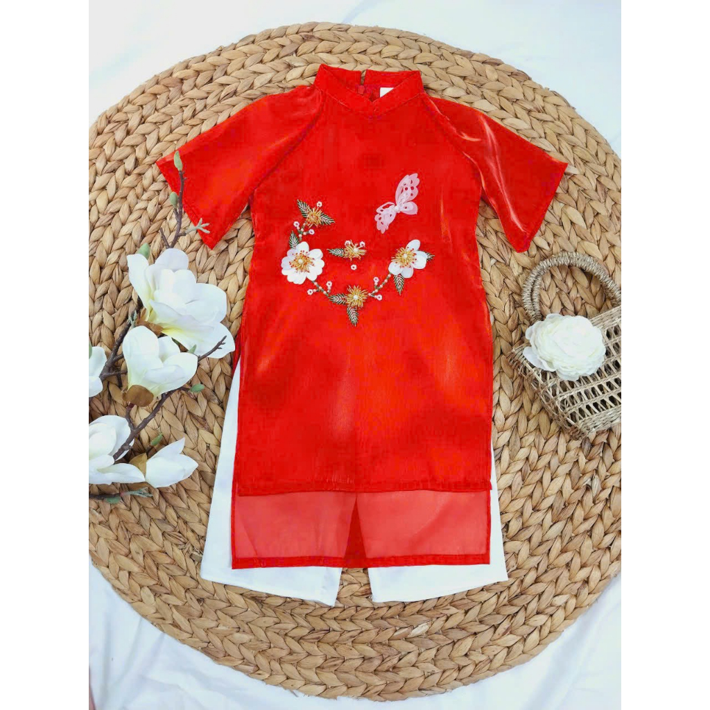 Áo Dài Tết Bé Gái Kèm Quần Áo Dài Cách Tân Truyền Thống 4 Tà May Sẵn Thêu Họa Tiết Đính Hoa Nổi Vải Tơ Óng Mềm Mại