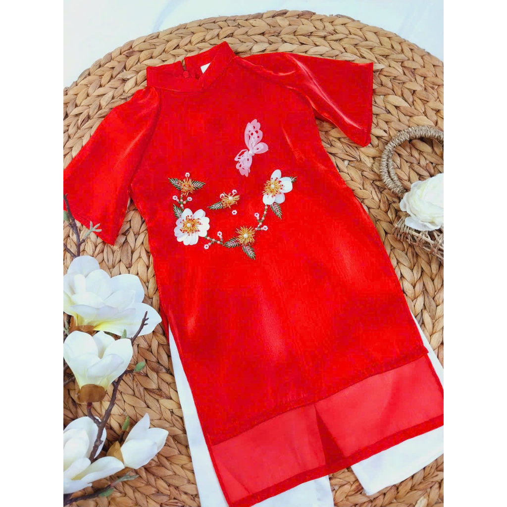 Áo Dài Tết Bé Gái Kèm Quần Áo Dài Cách Tân Truyền Thống 4 Tà May Sẵn Thêu Họa Tiết Đính Hoa Nổi Vải Tơ Óng Mềm Mại